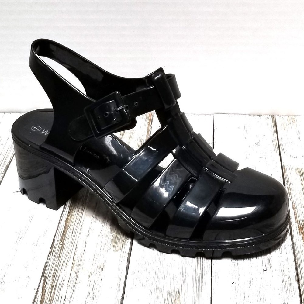 New Black Jelly Huarache Caged Chunky Heel Sandals - Picture 2 of 3